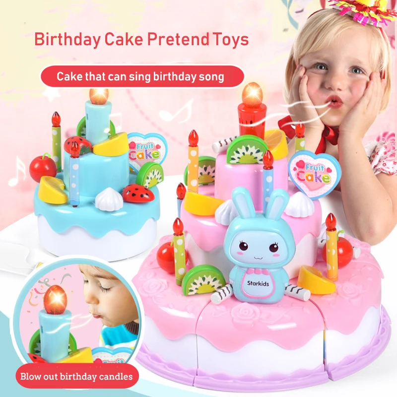 Kids Outdoor Kitchen Accessories - 子供のためのシミュレーションディーバースデーケーキモデル、キッチンのシミュレーションプレイ、ライトと音楽を備えたケーキのおもちゃの切断、出産キャンドル、女の子のためのギフト
