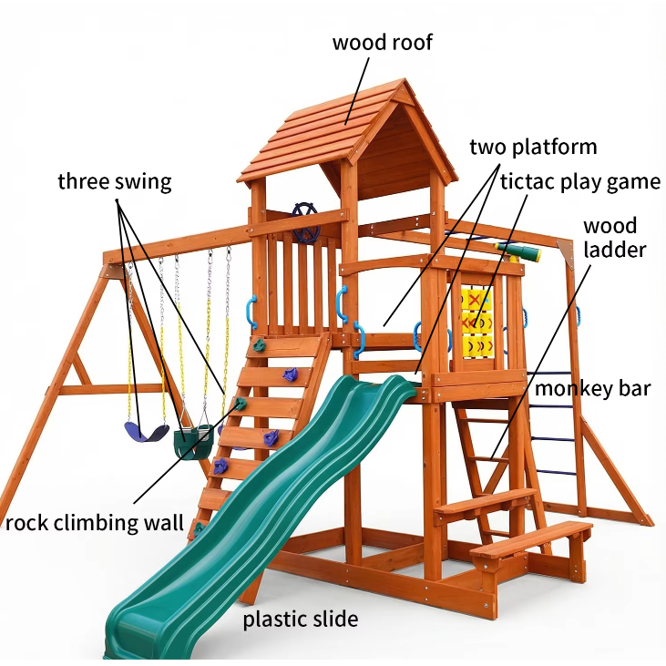 Kids Outdoor Climbing Frame - 丈夫な素材で作られた、子供用のクライミングフレーム、屋外用プレイハウス、庭や裏庭で遊べるプレイセット、木製のブランコセット。