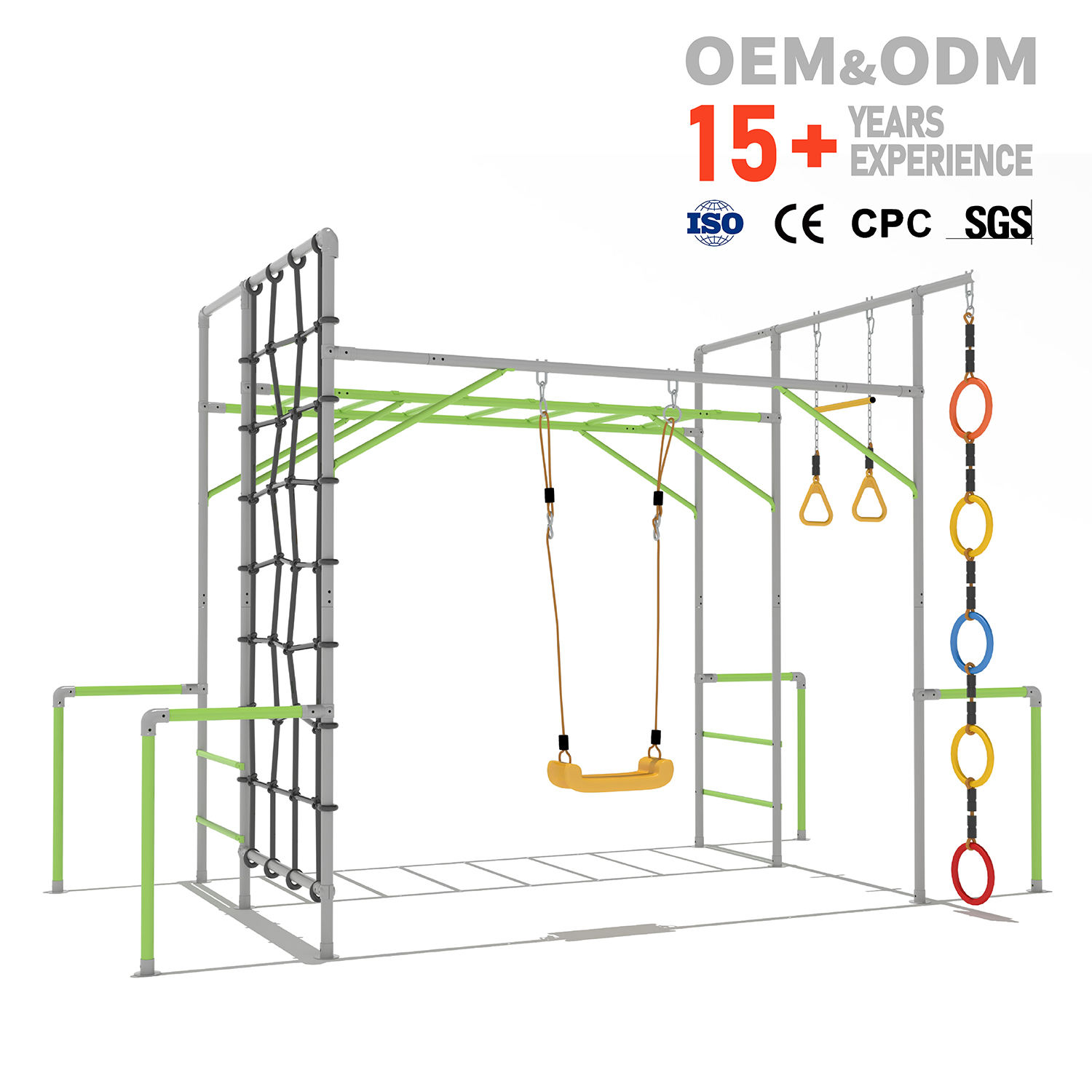 Kids Outdoor Climbing Frame - 子供用クライミングフレーム、屋外用プレイグラウンド、忍者コース、ロープネット、幼児用ブランコセット、プラスチック製、ナイロン製。